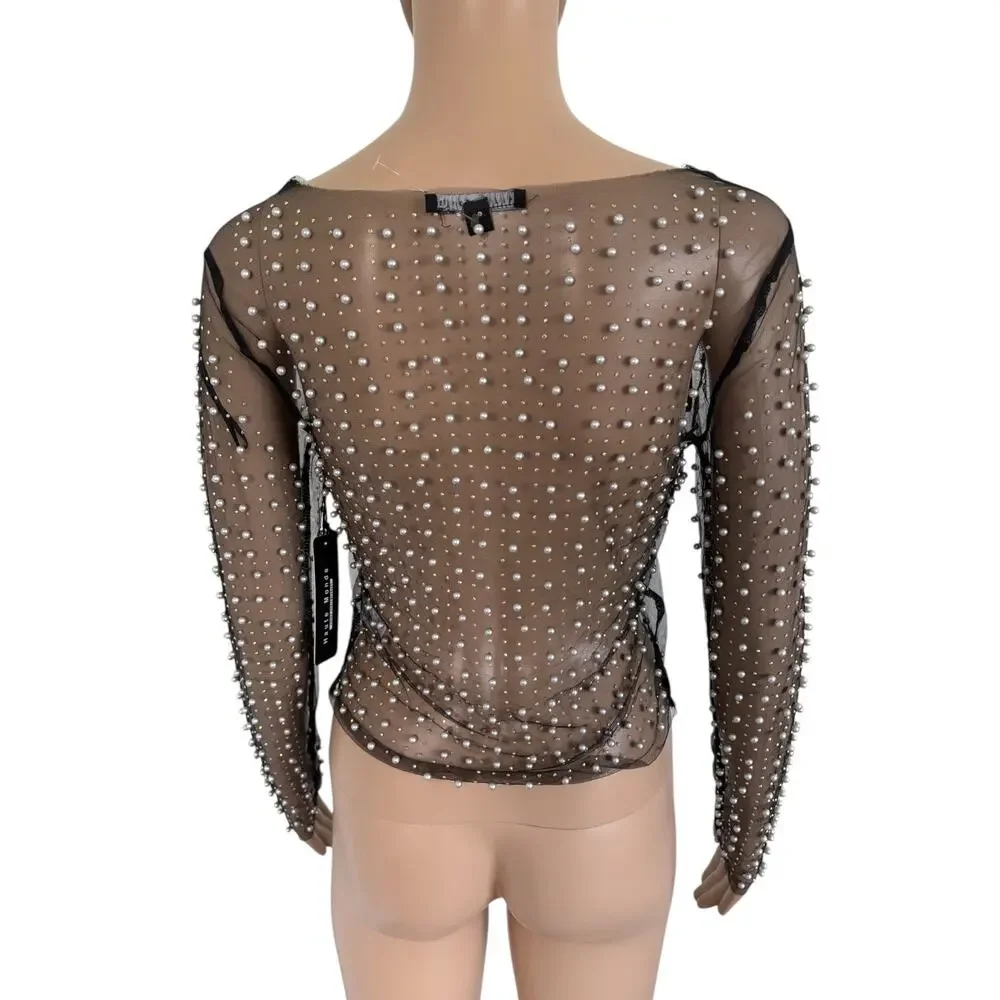 Haute Monde Black Pearl Beaded Mesh Sheer Long Sleeves Top S Coquette Glam NWT